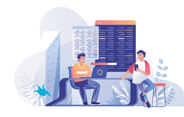 Wall Mural - programming software concept for modern web design. people writing, testing and making optimization 