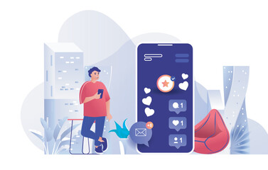 Wall Mural - social network concept for modern web design. people connecting and communicating online, man sendin
