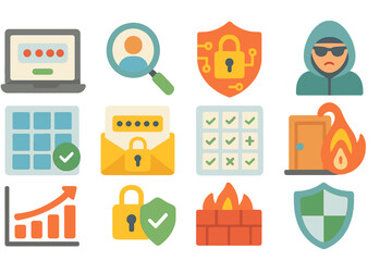 Wall Mural - Cyber security flat icon set. network, firewall, password protection illustrations