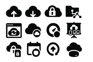 Wall Mural - Cloud computing silhouette icon set. upload, download, data security silhouettes collection