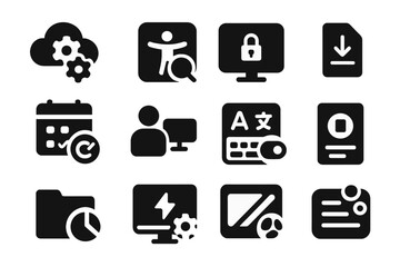 Wall Mural - Technology and security solid icon set. digital, protection, interface collection