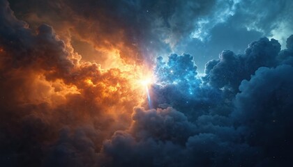Wall Mural - Fiery orange and cool blue clouds collide in cosmic expanse. Golden hour light beams pierce through stormy celestial bodies. Swirling particles create a dynamic, powerful abstract nebula scene.