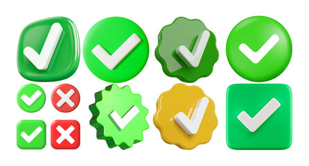 transparent Set of Green Check mark symbol 3d icon illustration, verified, approve symbol isolated on transparent background. Check mark icon in a circle frame. Confirmation symbol