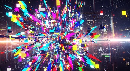 Abstract multicolored data explosion effect with futuristic cityscape background