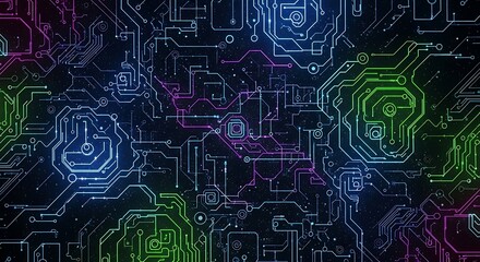 Futuristic circuit board design with vibrant neon glowing lines and connections