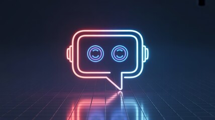 Futuristic AI chatbot concept with neon lights and modern design elements on reflective surface