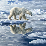 Polar bear walking across melting ice floes, reflection in cold arctic water.
