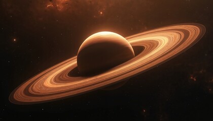 Wall Mural - Giant planet with prominent rings orbits through vast cosmos. Celestial sphere with orange, brown bands displays immense scale. Outer space scene, nebulae, stars background. Cosmic wonder, science
