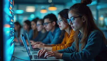 Young students concentrate coding laptops. Digital interface graphics display data on screen. Teamwork, collaboration in futuristic classroom developing software, learning computer science. Youthful