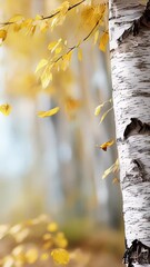 Wall Mural - golden birch leaves drifting downward, painting tranquil autumn landscape with soft windblown moveme