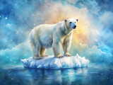 Watercolor illustration of a polar bear on ice floe in arctic ocean