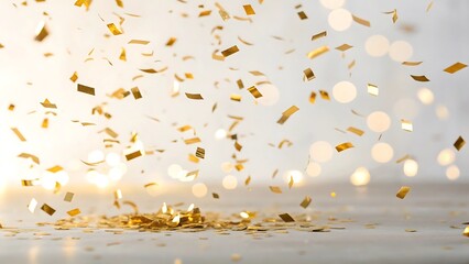 Falling golden confetti with bokeh lights in the background isolated on white background