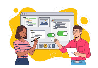 Vector art of two diverse cartoon people, a woman and a man, collaborating on a computer interface, representing web development and user experience