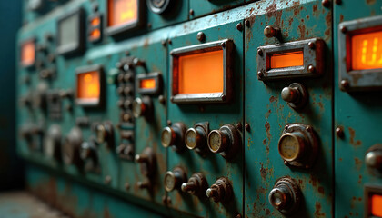 Rusted industrial control panel features glowing orange displays, vintage gauges. Aged teal metal surface with visible bolts, screws, worn dials. Complex retro technology mechanism with weathered