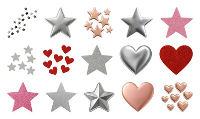 Wall Mural - png colorful metallic stars hearts, element set on transparent background