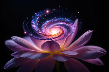 cosmic galaxy swirl emerging from a luminous purple lotus flower