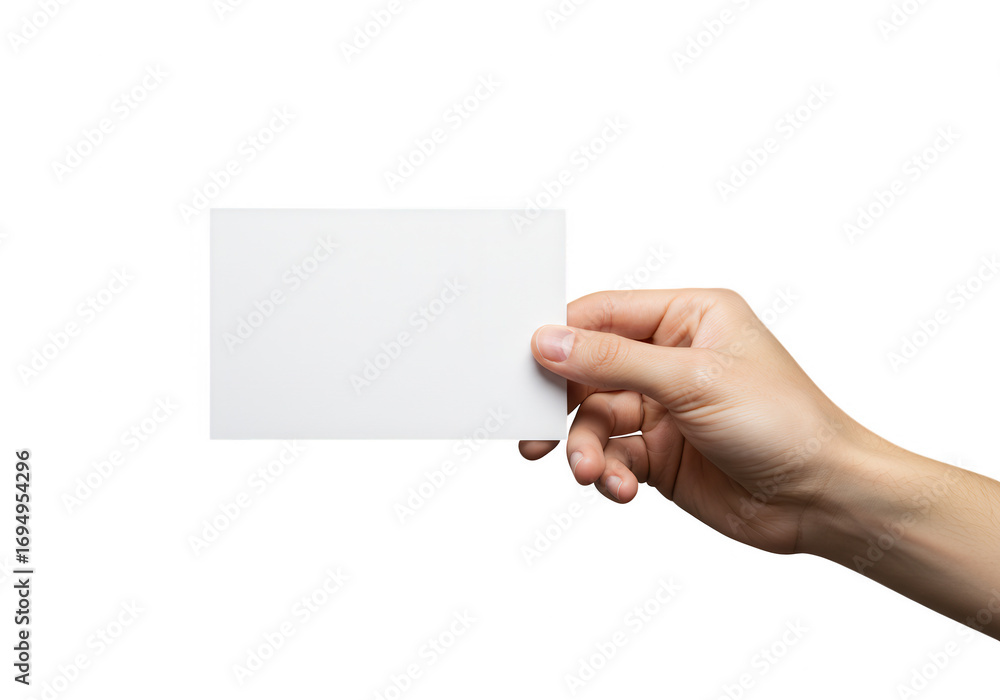 Human hand holding a blank white rectangular card isolated on a ...