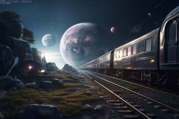 Wall Mural - A galactic train station orbiting Earth with planets passing by, dreamy sci-fi 