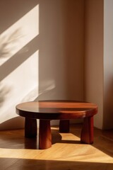Wall Mural - Minimalist round wooden coffee table in sunlit corner with natural shadows