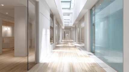 Wall Mural - Modern office corridor with sunlit wooden flooring and glass partitions
