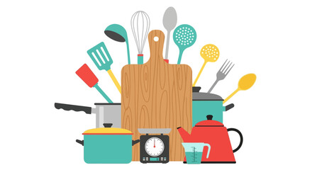 A collection of various cooking utensils and tools arranged around a wooden cutting board.