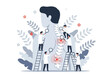 © meeblues - Flat style illustration of chiropractors examining spine with magnifying glasses and ladders, focusing on back pain treatment, posture correction, and medical healthcare for wellness and recovery