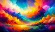 © rose - A vibrant, dreamlike landscape with clouds of swirling, rainbow colors and a serene, sunset view over the water.