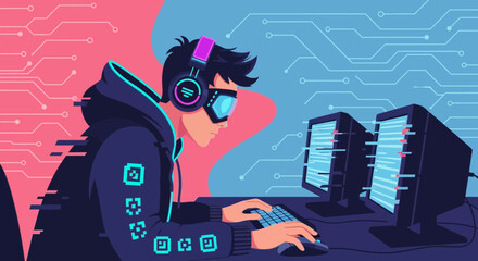 Young programmer with futuristic headset coding with dual monitors and cybernetic design background