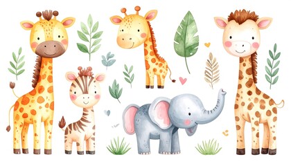  Watercolor safari animals, charming baby giraffes, adorable zebra, cute elephant