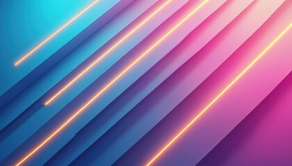 Geometric abstract background with diagonal lines and neon glow. Blue and pink gradients blend with bright orange light strips. Clean, modern design suitable for technology and science themes.