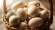 © MosrikaMomin - Photo of closeup of a basket filled with natural wooden eggs and dried flowers, bathed in warm light