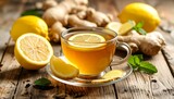 Ginger lemon tea on rustic wood