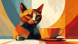 © Vaqa - A stylized cat, presented in vibrant geometric shapes, gazes intently at a cup of tea.