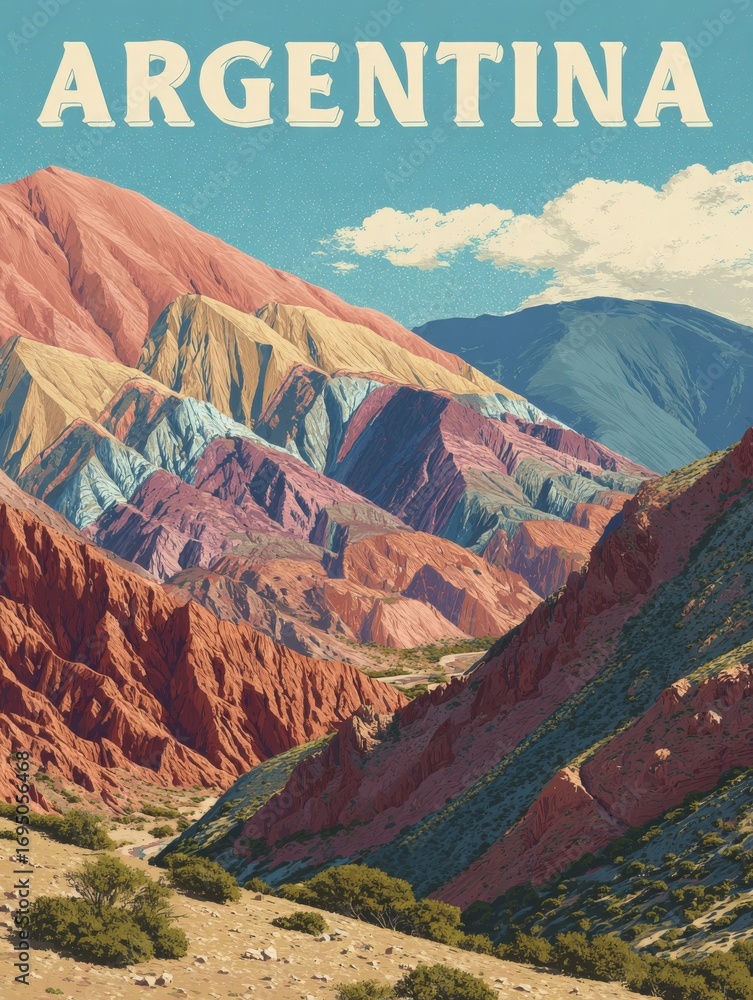 Vibrant mountain ranges in Argentina showcase a mix of red, orange, blue, and green hues under a clear sky. The dramatic landscape highlights rugged terrain with scattered vegetation.