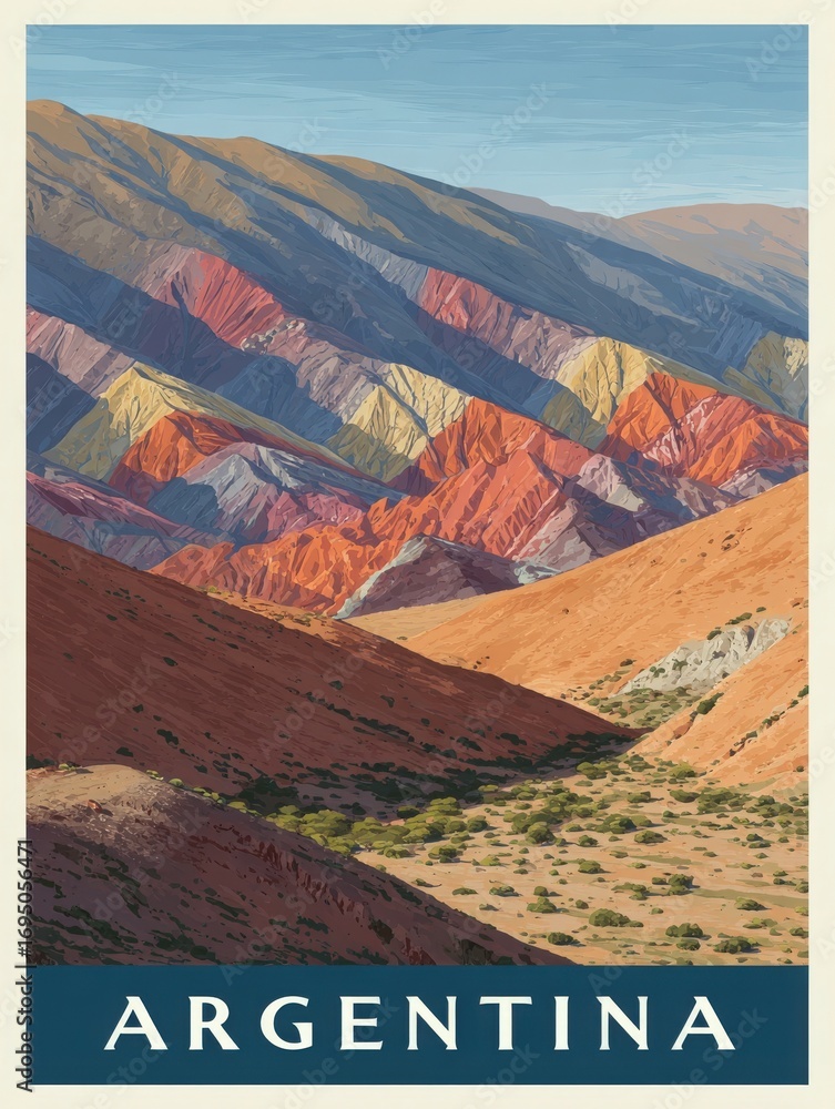 Colorful striated mountains rise dramatically in this stunning Argentine landscape. The sun casts shadows across the peaks, highlighting their vibrant hues during a clear daytime.