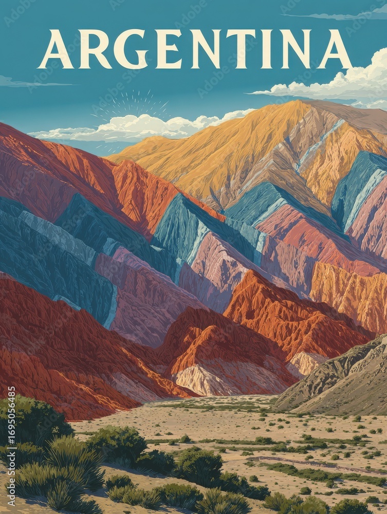 Vibrant and majestic mountains in Argentina showcase a spectrum of colors, ranging from rich reds to deep blues, under a clear blue sky with wispy clouds in the background.