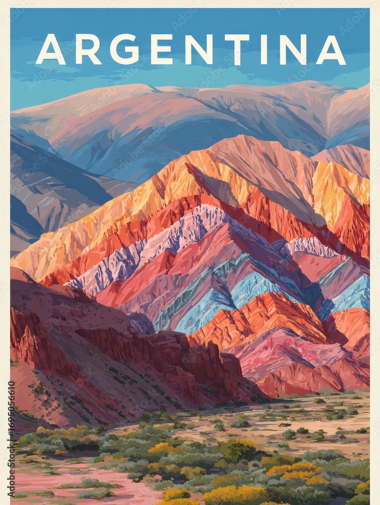 Vividly colored mountain ranges form a stunning backdrop in Argentina, displaying a variety of hues and textures under a clear blue sky. Lush vegetation contrasts with the rocky terrain.