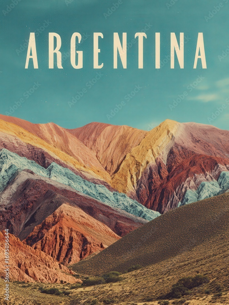 A stunning vista showcases the unique geological formations of Argentinas mountains, featuring vibrant colors and dramatic textures under clear skies.