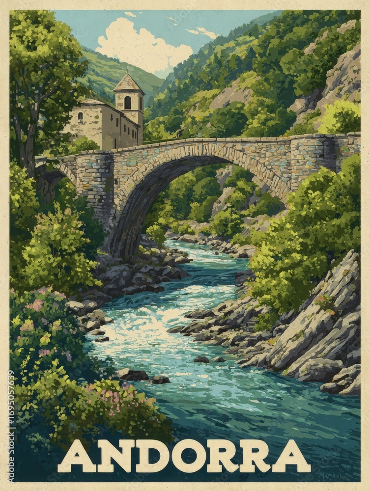 The serene river flows past a historic stone bridge, framed by lush greenery and mountains under a bright sky. A charming building stands nearby, capturing the essence of Andorras beauty.