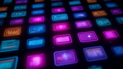Sleek technological display featuring vibrant rectangular buttons in electric color spectrum. Cutting-edge digital interface with dynamic graphic elements projected against shadowy background