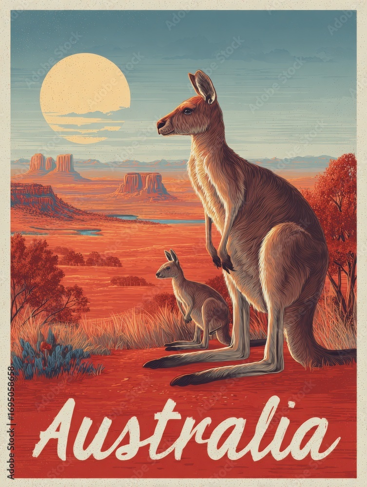 A family of kangaroos stands in a vibrant Australian outback landscape during sunset. The warm tones of the sky reflect on the red earth, highlighting distant rock formations and unique flora.