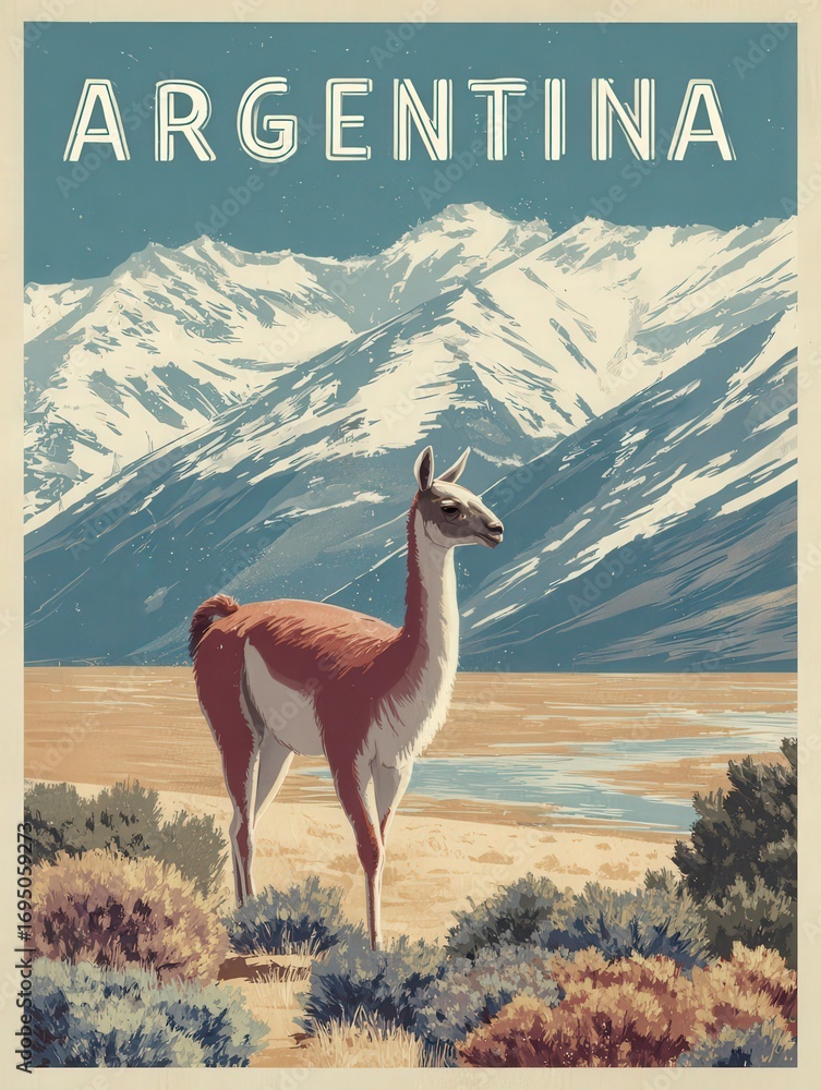 A guanaco stands gracefully in the foreground, showcasing its elegant form against the stunning backdrop of the Andean mountains.