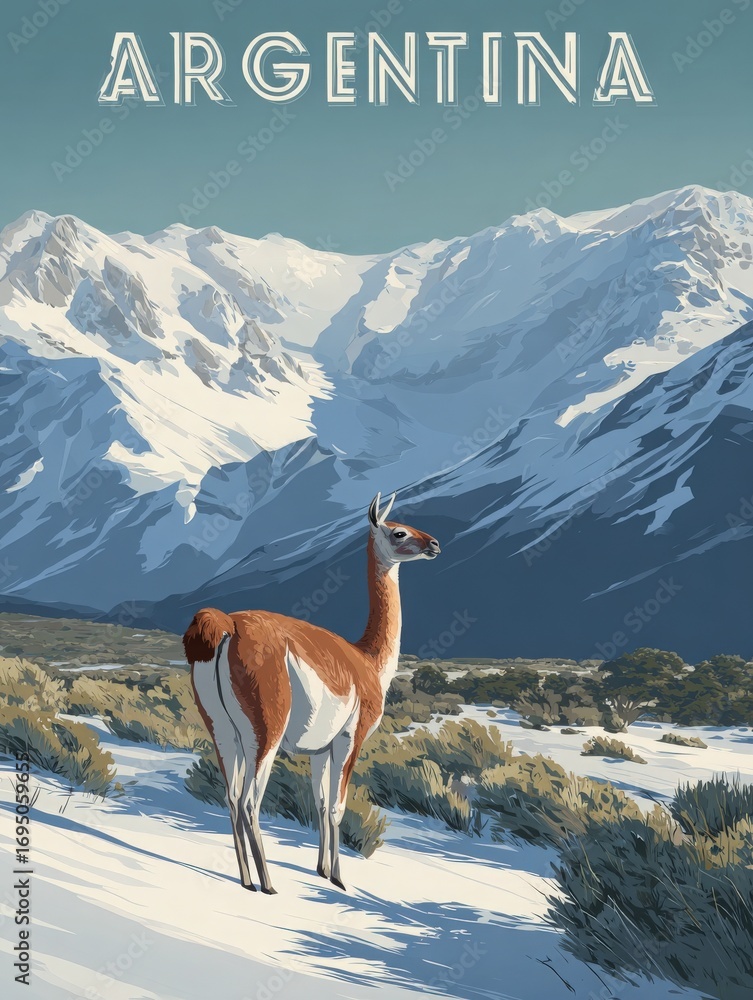 A guanaco stands gracefully in a snowy landscape with towering mountain peaks in Argentina. The scene captures the beauty of nature and wildlife in a peaceful setting.