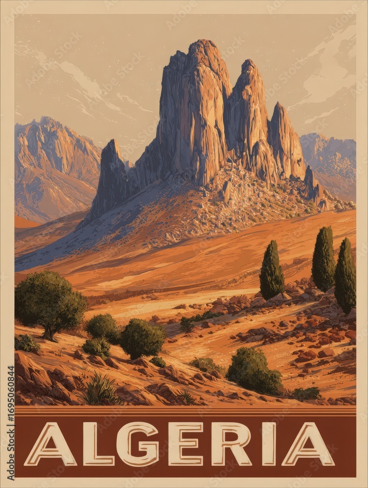 A breathtaking desert scene features towering rock formations in Algeria, surrounded by gentle hills and sparse vegetation. The warm colors of the landscape reflect the unique beauty of the region.