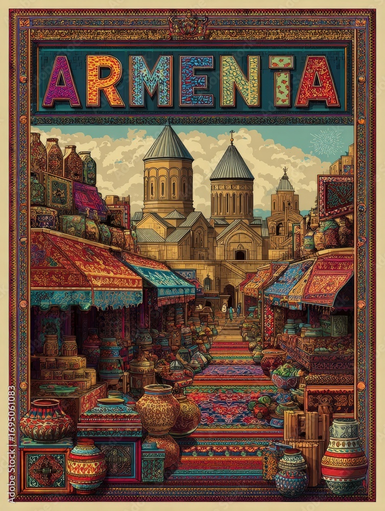 A bustling marketplace in Armenta, showcasing a vibrant array of textiles and pottery. Merchants display their goods under blue skies, drawing in visitors with the rich colors and intricate patterns.