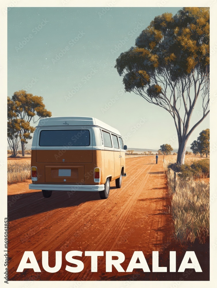 A vintage van drives along a dusty road in Australias outback. Eucalyptus trees line the path under a clear sky, embodying freedom and adventure in a serene landscape.