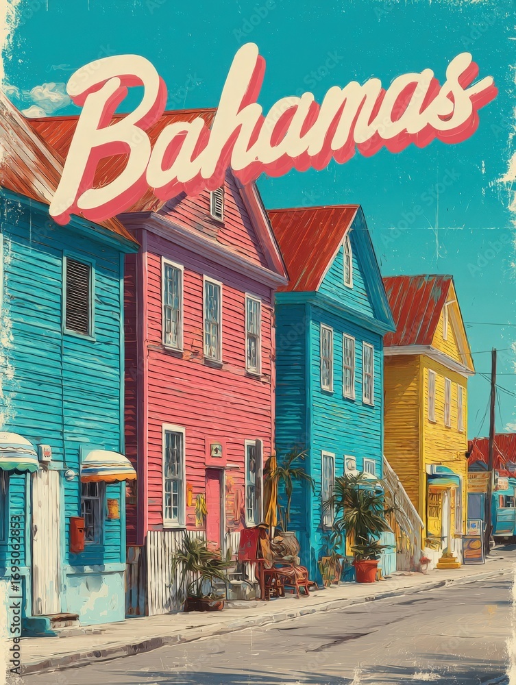 Brightly painted houses in various shades adorn a street in the Bahamas. The lively colors reflect the vibrant culture and lifestyle of the island, capturing a tropical atmosphere.
