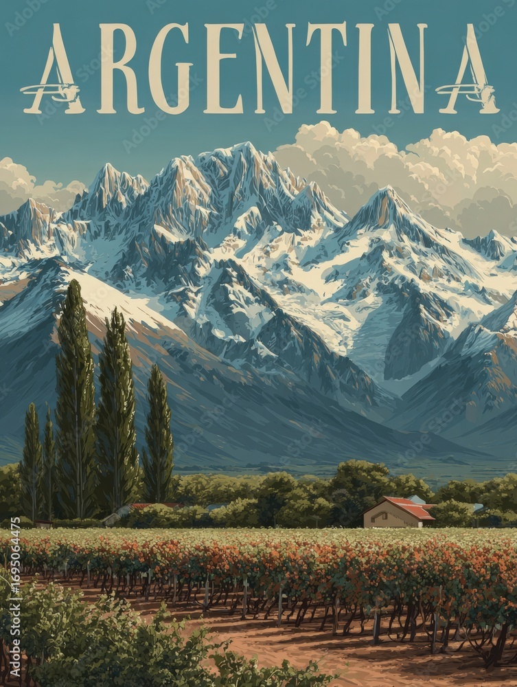 Lush vineyards stretch across the foreground, framed by towering snow-capped mountains. A quaint house rests amidst the greenery under a clear blue sky, showcasing the beauty of Argentina.