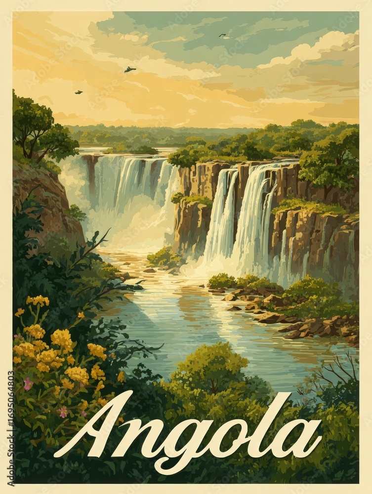 Spectacular waterfalls cascade down rocky cliffs surrounded by vibrant greenery.