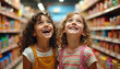 © Viktor - Two smiling children, girl, boy, look up at colorful candy display in supermarket aisle. Faces express pure joy, excitement, reflecting happy childhood moment during shopping. Siblings share fun